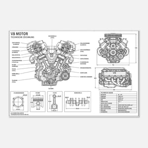 May include: A technical drawing of a V8 motor featuring detailed cross-section views, component labels, and a data table. The print displays engine parts like pistons, connecting rods, and crankshafts with measurements in millimeters throughout.