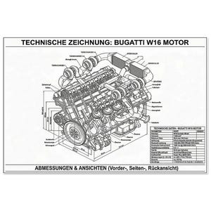 Könnte beinhalten: Eine technische Zeichnung des Bugatti W16-Motors mit detaillierten Motorkomponenten, Turboladern und Ladeluftkühlern. Das Diagramm enthält Beschriftungen, eine Tabelle mit technischen Daten und Maßlinien in Zentimetern.