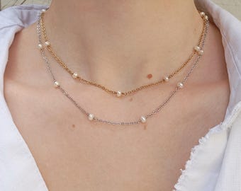 Collar minimalista en acero inoxidable y perlas auténticas de agua dulce, oro o plata, joyería nupcial elegante y atemporal, delicada y refinada.