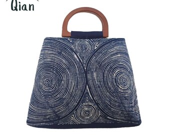 Handtas met indigobatikhout handvat, portemonnee met spiraalpatroon handvat, boho canvas tas