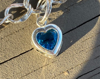 Beautiful Sterling Silver Link Chain Bracelet Blue Stone Heart Charm
