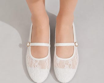 Embroidered Lace Mary Jane Flats | Bridal Wedding Ballet Shoes