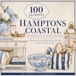 Pode incluir: Um gráfico digital com 100 elementos para um pacote de cliparts em aquarela Hamptons Coastal. A imagem mostra uma mesa de madeira branca, uma tigela com padrão azul e branco, uma bolsa listrada azul e branca e uma lanterna com vela.