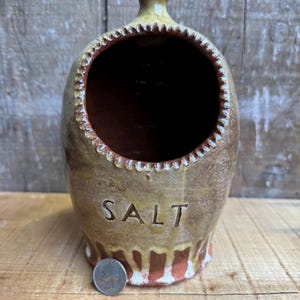 Op de afbeelding: Een handgemaakte keramische zoutpot met een grote opening en een decoratieve rand. De zoutpot is bruin en beige met het woord "SALT" in reliëf op de voorkant. De basis heeft rood-witte strepen.