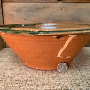 Handmade pottery redware bowl, milk pan, pancheon in green glaze