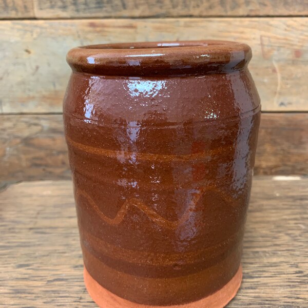 Handmade WV pottery slipware vase, storage jar, red clay vase in amber glaze