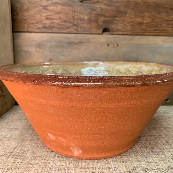 Handmade pottery redware bowl, milk pan, pancheon