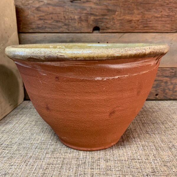 Handmade pottery redware deep mixing bowl, milk pan, pancheon