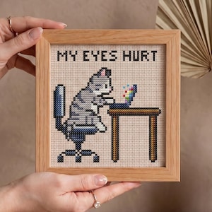 My Eyes Hurt Cat Cross Stitch Pattern | Funny Computer Cat PDF Chart | Cute Cat at Desk Counted Cross Stitch | Instant Download