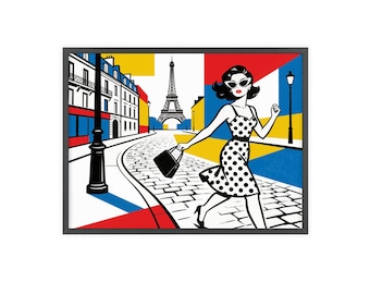 Paris Pop Art Woman Posters with Wooden Frame | Eiffel Tower Street Scene