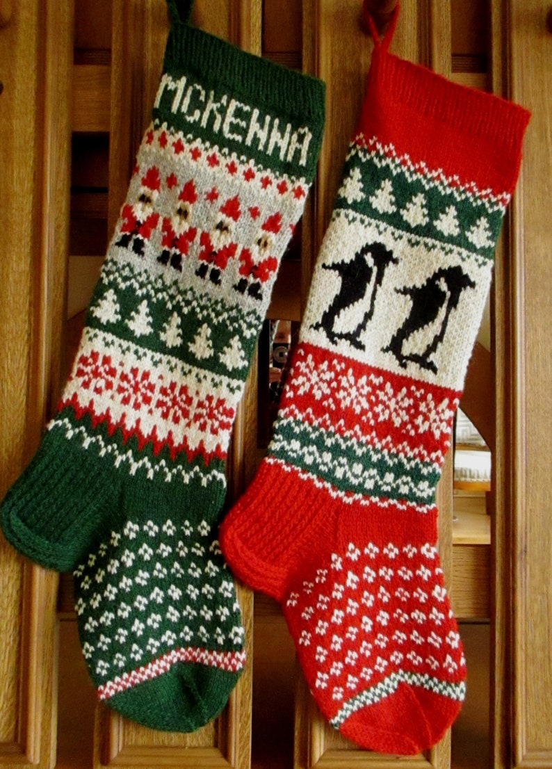 Set of 2 Christmas Stockings 24 or 26 Personalized Hand knit Wool Green Red Santa hats Gingerbread men Gnome Deer Trees