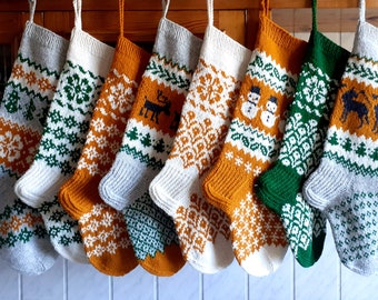 24" - 26" Knit Christmas Stockings Personalized Hand knit Wool Light Grey Green Rust Wolf Trees Dear Snowmen Christmas decoration Gift