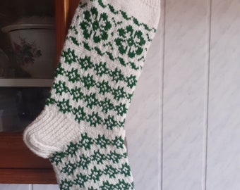Ready 49 bas de Noël 60 cm tricoté à la main laine vert blanc ornement flocon de neige style scandinave cadeau de décoration de Noël