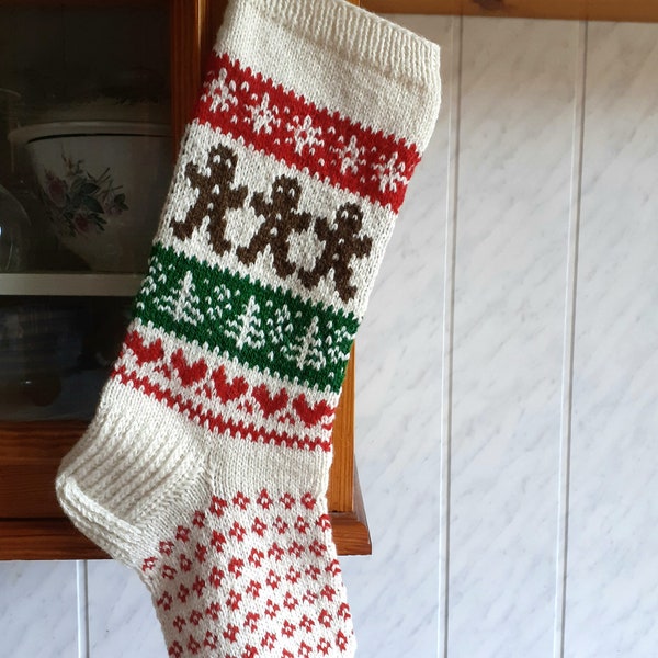 24"-26" Christmas Stockings - White - Wool - Handknit - Personalized - Seasonal ornament - Gingerbread - Nordic - Latvian