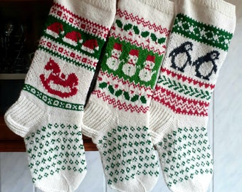 24"26" White Christmas Stockings  Personalized Hand knit Wool Deer Gnomes Bear Snowmen Snowflakes Trees Bunny Horse ornaments Nordic style