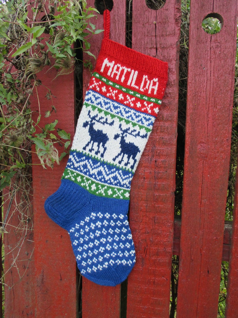 Knit Christmas Stockings 24 or 26 Personalized Hand knit Wool Gray Red White Blue Green with Deer Moose Reindeer Nordic