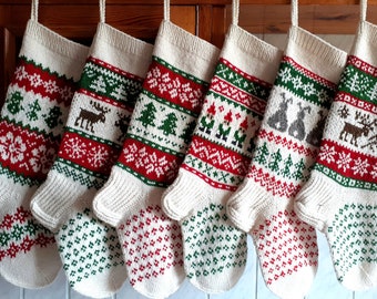 24"- 26" White Christmas Stockings Personalized Hand knit Wool Deer Bear Snowflakes Gnomes Snowmen Bunny Horse Gingerbread  boys ornaments