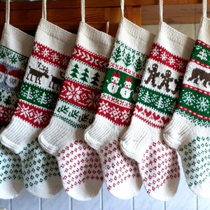 24"26" White Christmas Stockings  Personalized Hand knit Wool Deer Gnomes Bear Snowmen Snowflakes Trees Bunny Horse ornaments Nordic style