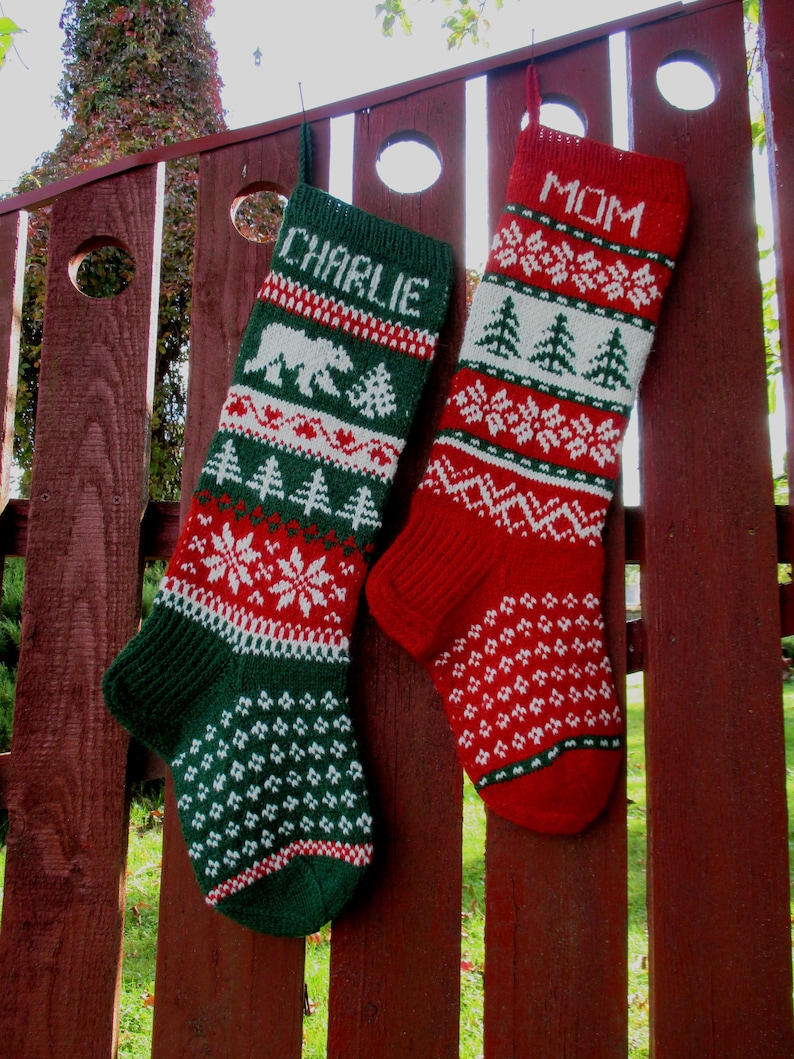 Set of 2 Christmas Stockings 24 or 26 Personalized Hand knit Wool Green Red Santa hats Gingerbread men Gnome Deer Trees