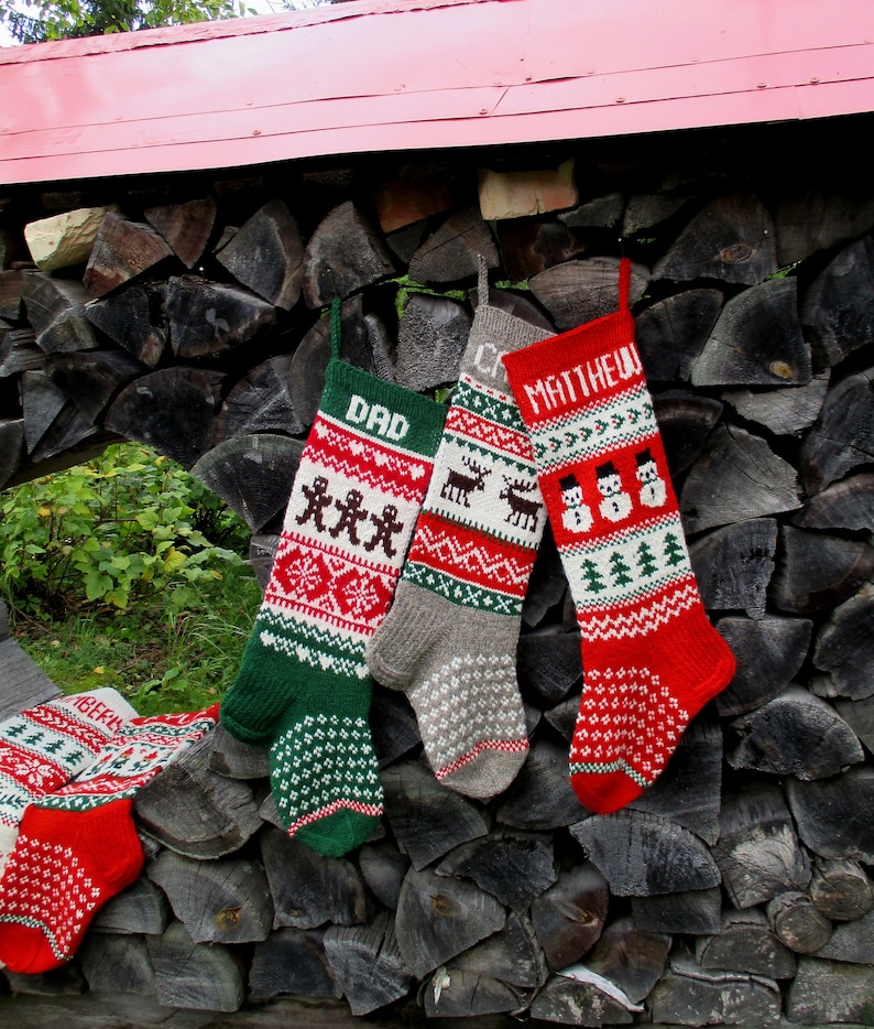 Knit Christmas Stockings 24 or 26 Personalized Hand knit Wool Gray Red White Blue Green with Deer Moose Reindeer Nordic