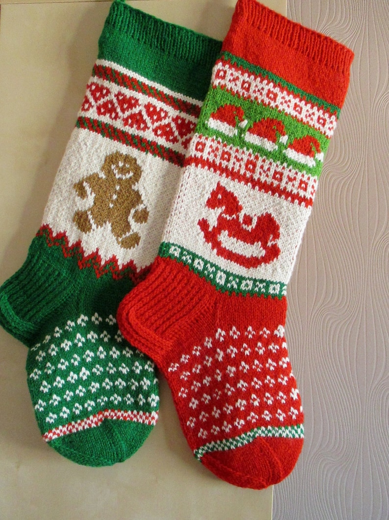 Knit Christmas Stockings ~24or 26 Personalized Wool Green Red White Angel Gingerbread Boy Rocking Horse Santa Penguin