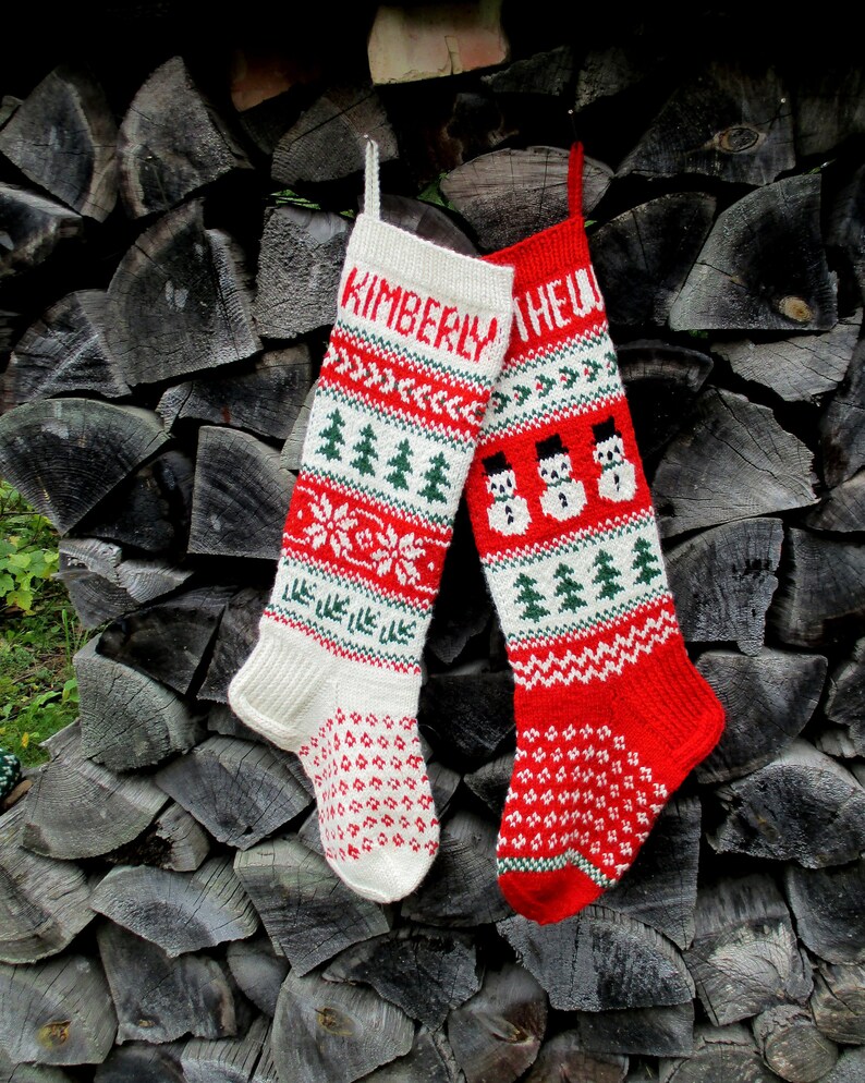Set of 2 Christmas Stockings 24 or 26 Personalized Hand knit Wool Green Red Santa hats Gingerbread men Gnome Deer Trees