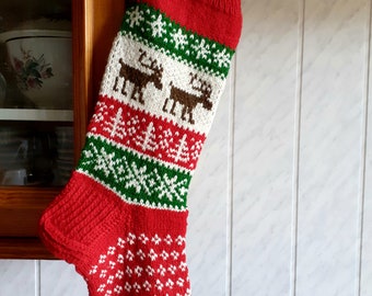 Hand Knit Christmas Stocking, Nordic Reindeer Holiday Decor