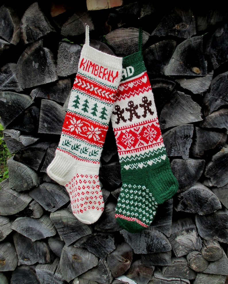 Set of 2 Christmas Stockings 24 or 26 Personalized Hand knit Wool Green Red Santa hats Gingerbread men Gnome Deer Trees