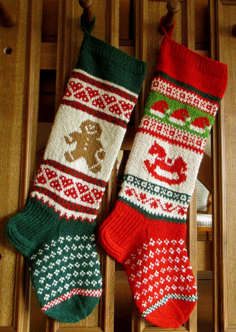 Set of 2 Christmas Stockings 24 or 26 Personalized Hand knit Wool Green Red Santa hats Gingerbread men Gnome Deer Trees