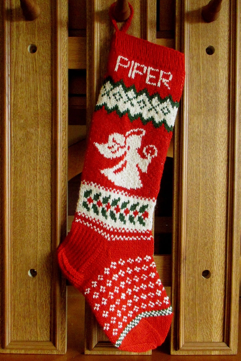 Knit Christmas Stockings ~24or 26 Personalized Wool Green Red White Angel Gingerbread Boy Rocking Horse Santa Penguin