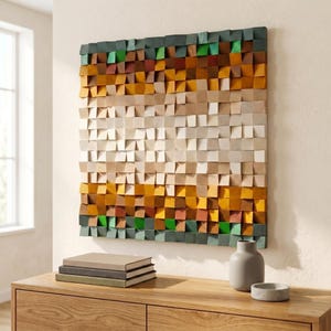 Square Mosaic Wood Wall Art, Geometric Acoustic Panel, 3D Wooden Sound Diffuser, Earthy Living Room Decor, Housewarming Gift