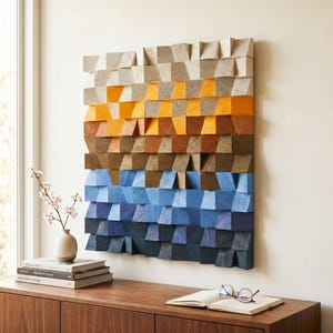 Décoration murale carrée en bois acoustique, grande décoration géométrique 3D en bois, panneau de mosaïque coloré pour diffuseur de sons, cadeau de pendaison de crémaillère moderne