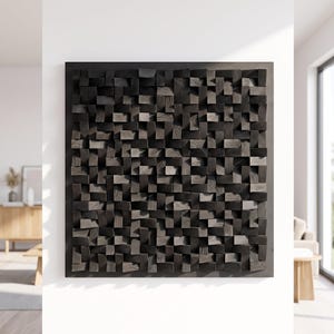 Svart 3D-träväggkonst, geometrisk akustikpanel med mosaikblock, modern spelrumsinredning, present till honom