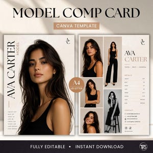 Plantilla de tarjeta de presentación | Plantilla editable de Canva | Portafolio de modelo | Tamaños A4 y Carta estadounidense | Descarga instantánea | Tarjeta de presentación gratuita