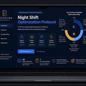 Könnte beinhalten: Ein Laptop-Bildschirm zeigt das Dashboard des Night Shift Optimization Protocol von Physician Protocols. Die Benutzeroberfläche hat ein dunkelblaues Design mit einem 24-Stunden-Zirkadian-Ring, vier Phasen und evidenzbasierten Schritten.