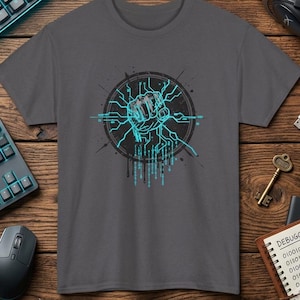 Camiseta con puño cyberpunk, camiseta con estampado de circuitos digitales, ropa urbana técnica, diseño punk futurista.
