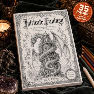 Può includere: Un libro da colorare intitolato Intricate Fantasy con un'illustrazione in bianco e nero di un drago avvolto attorno a un'alta torre di pietra. La copertina include il testo 35 Pages Ready to Print PDF, A Premium Coloring Collection, 35 Detailed Pages for Adult Colorists, EasyColorNest e Perfect for Shading & Blending.
