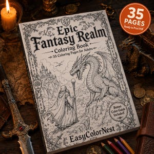 Libro da colorare fantasy per adulti | Draghi, cavalieri, maghi (35 pagine PDF)