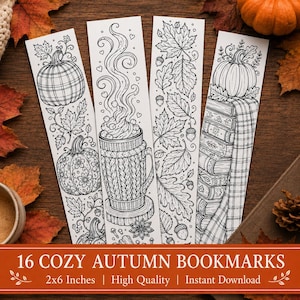 May include: Four rectangular paper bookmarks featuring black and white line art illustrations. Designs include pumpkins with plaid and floral patterns, a steaming mug with marshmallows, autumn leaves with acorns, and a stack of books with a pumpkin.