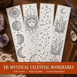 May include: Four rectangular bookmarks featuring black line art on white backgrounds. Designs include lunar phases with mandala patterns, a sun face with swirling stars, a vertical arrangement of zodiac constellations, and clusters of crystals with a crescent moon.