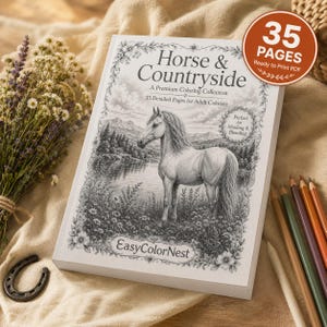 Puede incluir: Un libro para colorear blanco titulado Horse & Countryside con una ilustración detallada en blanco y negro de un caballo en un campo cerca de un lago y montañas. La portada presenta bordes florales, el texto 35 PAGES y la marca EasyColorNest.