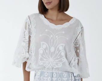 Embroidered Lace Butterfly Sleeve Blouse ,Bohemian | Sheer Chiffon Boho.