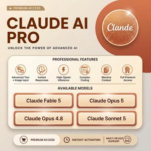 May include: A digital graphic for Claude AI Pro featuring a brown and cream colour scheme. It lists professional features like advanced text and image input, instant responses, high-speed inference, complex coding, massive context, and full premium access. Available models include Claude Fable 5, Claude Opus 5, Claude Opus 4.8, and Claude Sonnet 5.