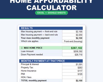 How Much House Can I Afford Calculator | Home Buying Budget Spreadsheet | Excel Google Sheets