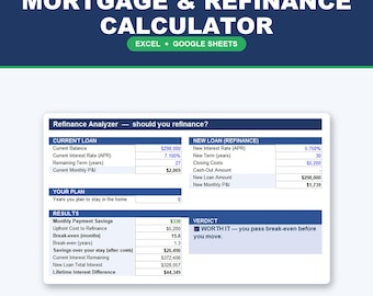 Mortgage & Refinance Calculator | Loan Comparison + Amortization Spreadsheet | Excel Google Sheets