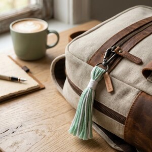 Puede incluir: Una mochila de lona beige con detalles en cuero marrón y cierre de cremallera. Una borla de tela verde claro y blanca cuelga del tirador de metal, que incluye una pequeña etiqueta de cuero rectangular con la palabra handmade grabada.