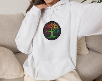 Hoodie regenboog levensboom, kleurrijk grafisch sweatshirt, trui esthetische natuur, genezing in kleur kleding, levendige boomsilhouet