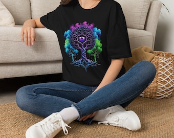 T-shirt psychedelische levensboom, T-shirt regenboog hart, trippy esthetische streetwear, levendige natuurkleding, kleurrijke festivaltop