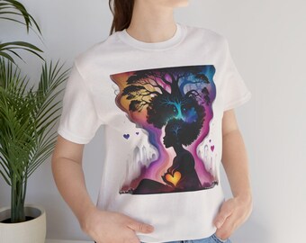 Galaxy Tree of Love Shirt, Colorful Heart Graphic Tee, Aesthetic Outer Space T-Shirt, Nature Silhouette Top, Vibrant Romantic Clothing