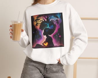 Sweatshirt silhouet levensboom, kleurrijke kosmische grafische hoodie, levendige hart portret trui, esthetiek natuur kunst trui kleding